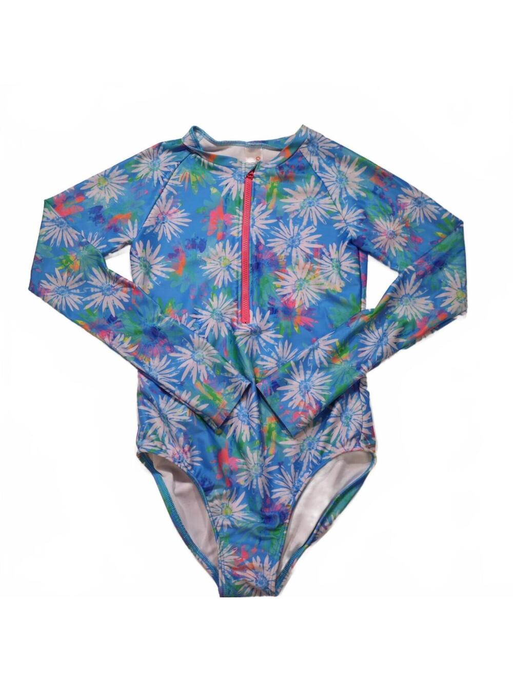Cat & Jack Girls Size L 10/12 Swimsuit Long Sleeve One Piece Blue Floral Daisies